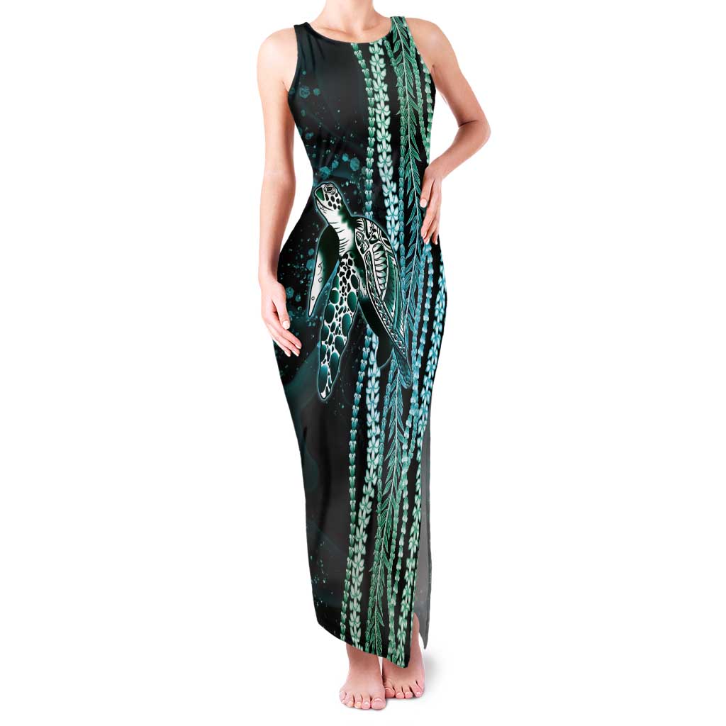 Hawaiian Honu Personalized Tank Maxi Dress Dark Cyan Maile Pikake Flower Lei Inspired LT9 Women Cyan - Polynesian Pride