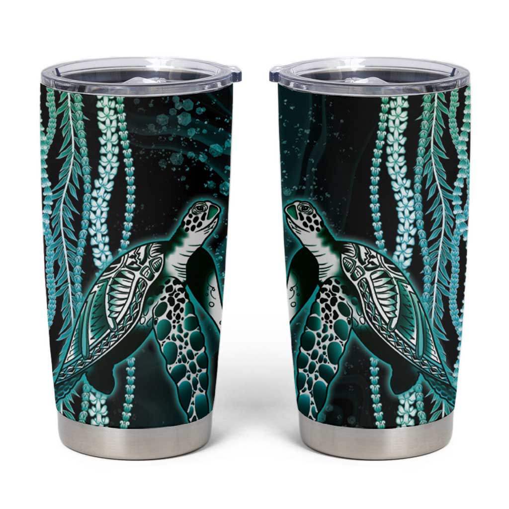 Hawaiian Honu Personalized Tumbler Cup Dark Cyan Maile Pikake Flower Lei Inspired LT9 Cyan - Polynesian Pride