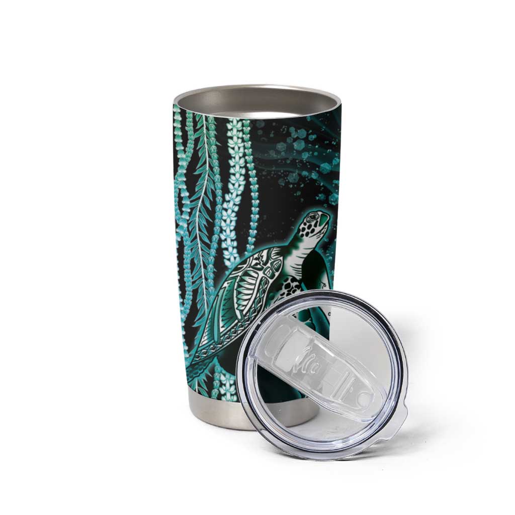 Hawaiian Honu Personalized Tumbler Cup Dark Cyan Maile Pikake Flower Lei Inspired LT9 - Polynesian Pride