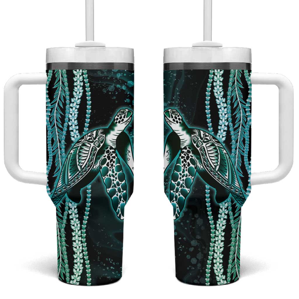 Hawaiian Honu Personalized Tumbler With Handle Dark Cyan Maile Pikake Flower Lei Inspired LT9 One Size: 40 oz Cyan - Polynesian Pride