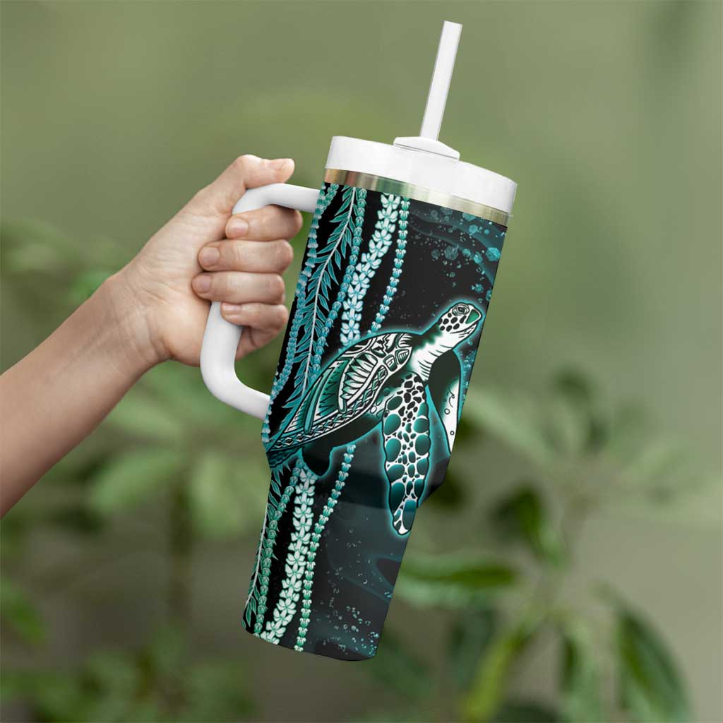 Hawaiian Honu Personalized Tumbler With Handle Dark Cyan Maile Pikake Flower Lei Inspired LT9 - Polynesian Pride
