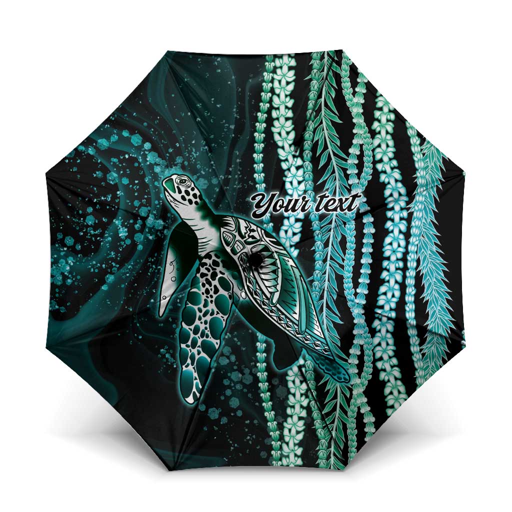 Hawaiian Honu Personalized Umbrella Dark Cyan Maile Pikake Flower Lei Inspired LT9 One Size Folded 11.42 inch Opened Diameter 37.4 inch Cyan - Polynesian Pride