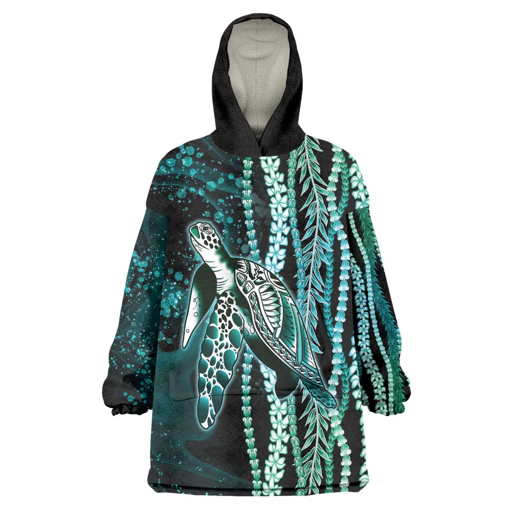 Hawaiian Honu Personalized Wearable Blanket Hoodie Dark Cyan Maile Pikake Flower Lei Inspired LT9 One Size Cyan - Polynesian Pride