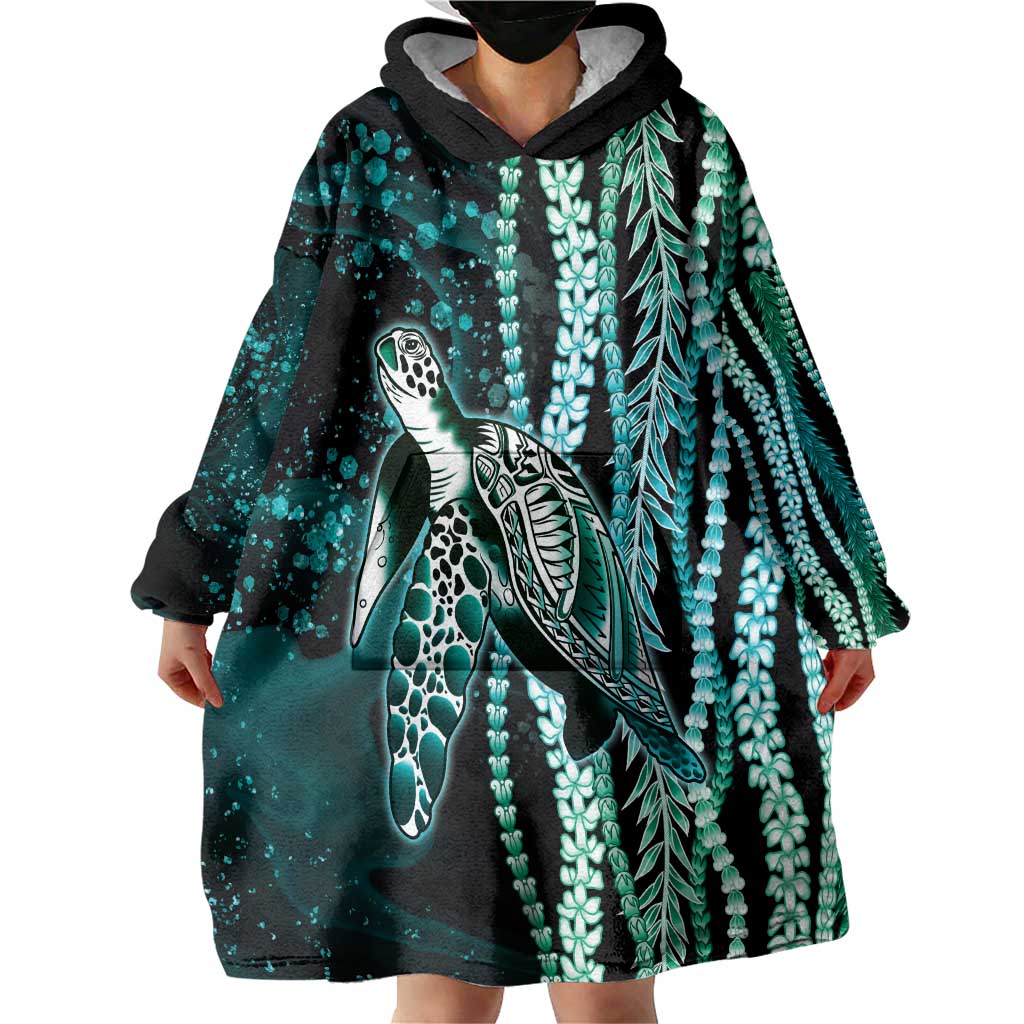 Hawaiian Honu Personalized Wearable Blanket Hoodie Dark Cyan Maile Pikake Flower Lei Inspired LT9 - Polynesian Pride