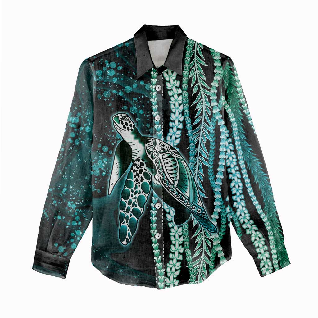 Hawaiian Honu Personalized Women Casual Shirt Dark Cyan Maile Pikake Flower Lei Inspired