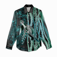 Hawaiian Honu Personalized Women Casual Shirt Dark Cyan Maile Pikake Flower Lei Inspired