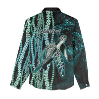 Hawaiian Honu Personalized Women Casual Shirt Dark Cyan Maile Pikake Flower Lei Inspired