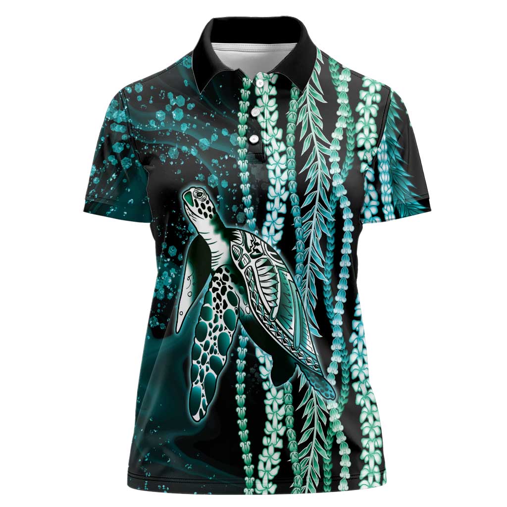 Hawaiian Honu Personalized Women Polo Shirt Dark Cyan Maile Pikake Flower Lei Inspired LT9 Female Cyan - Polynesian Pride