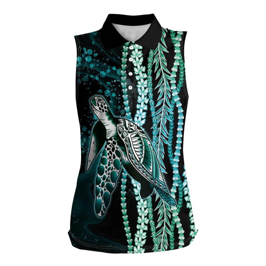 Hawaiian Honu Personalized Women Sleeveless Polo Shirt Dark Cyan Maile Pikake Flower Lei Inspired LT9 Female Cyan - Polynesian Pride