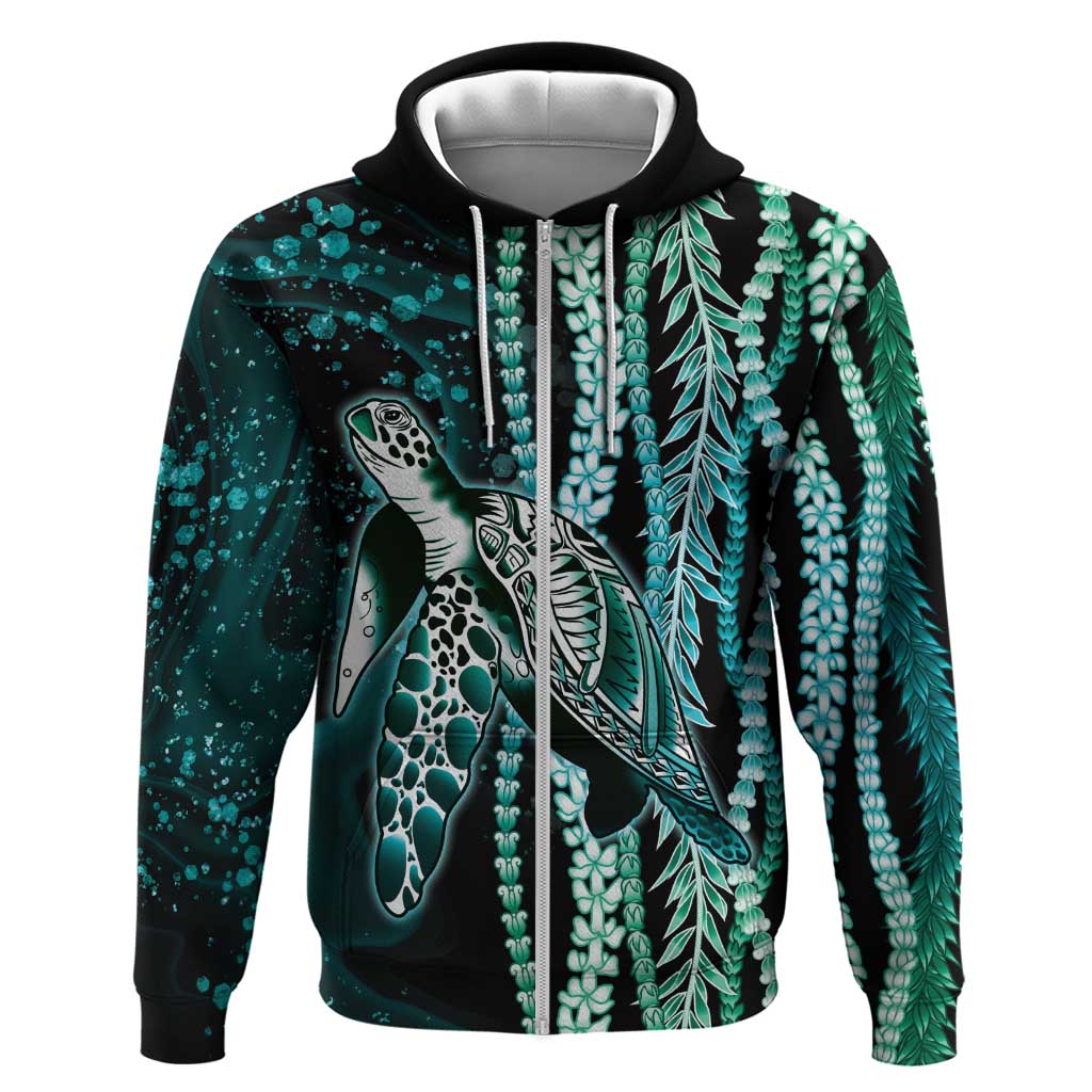 Hawaiian Honu Personalized Zip Hoodie Dark Cyan Maile Pikake Flower Lei Inspired LT9 Zip Hoodie Cyan - Polynesian Pride