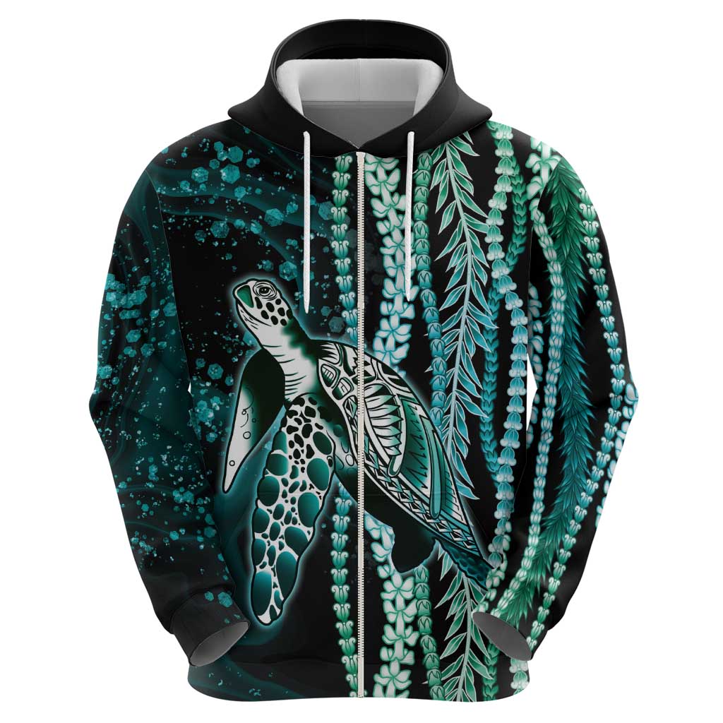 Hawaiian Honu Personalized Zip Hoodie Dark Cyan Maile Pikake Flower Lei Inspired LT9 - Polynesian Pride