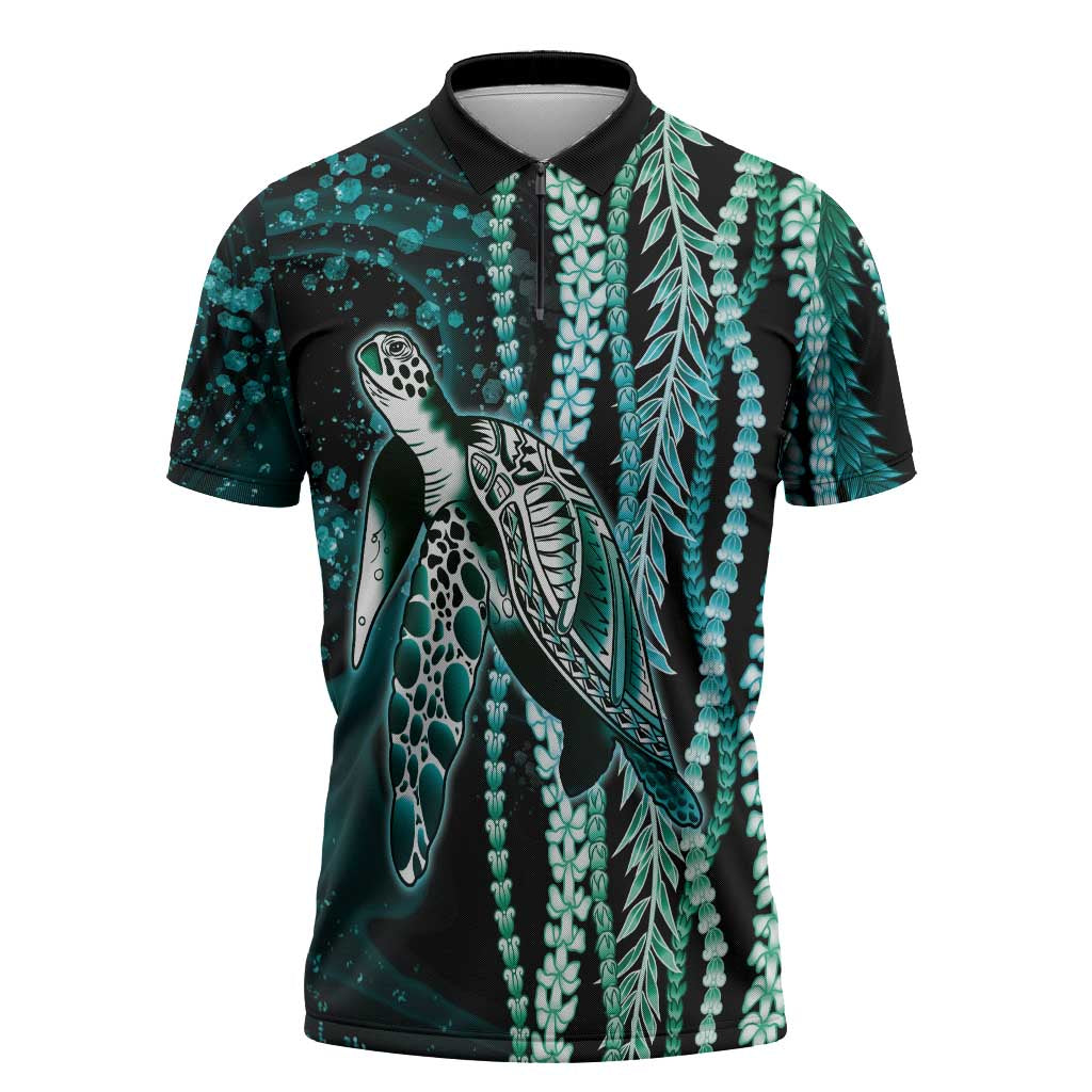 Hawaiian Honu Personalized Zipper Polo Shirt Dark Cyan Maile Pikake Flower Lei Inspired LT9 Cyan - Polynesian Pride