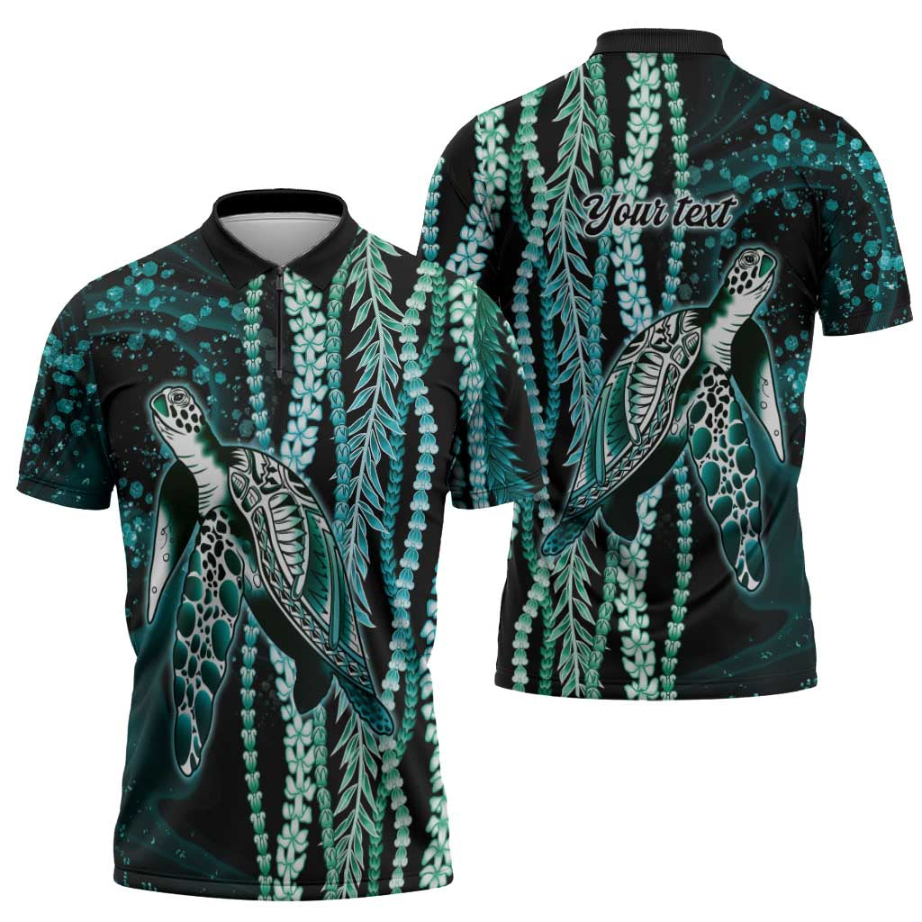 Hawaiian Honu Personalized Zipper Polo Shirt Dark Cyan Maile Pikake Flower Lei Inspired LT9 - Polynesian Pride