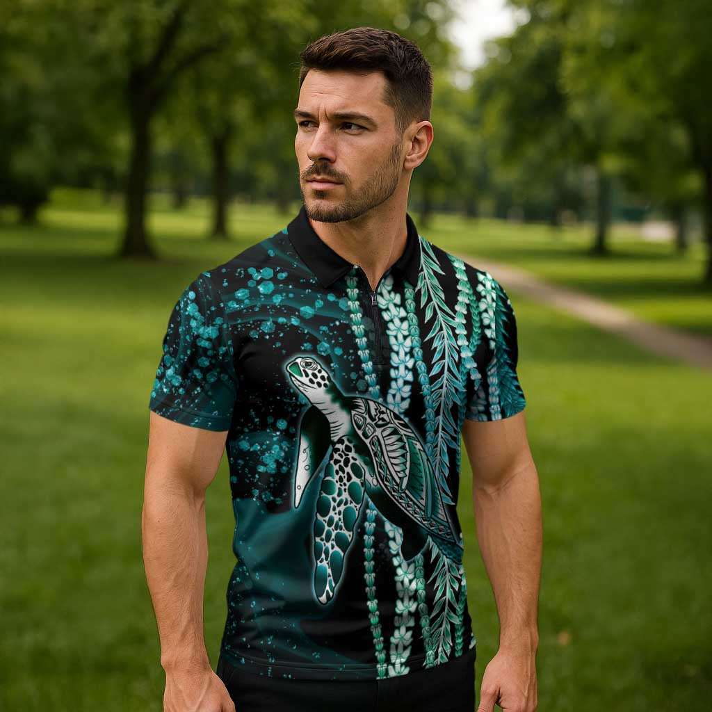 Hawaiian Honu Personalized Zipper Polo Shirt Dark Cyan Maile Pikake Flower Lei Inspired LT9 - Polynesian Pride