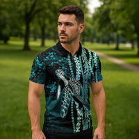 Hawaiian Honu Personalized Zipper Polo Shirt Dark Cyan Maile Pikake Flower Lei Inspired LT9 - Polynesian Pride