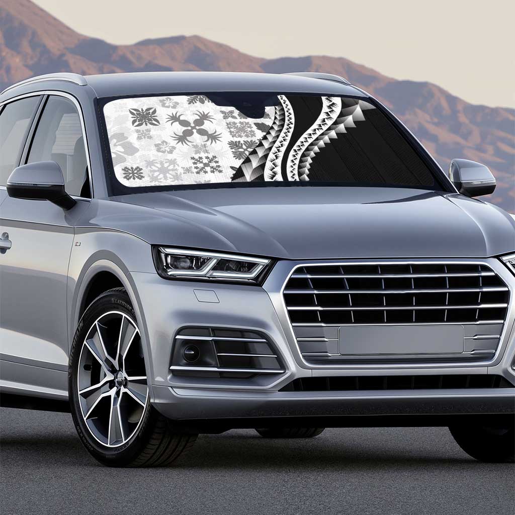 Black Hawaiian Quilt Pattern Auto Sun Shade Mixed Polynesian Tribal Arty - Polynesian Pride