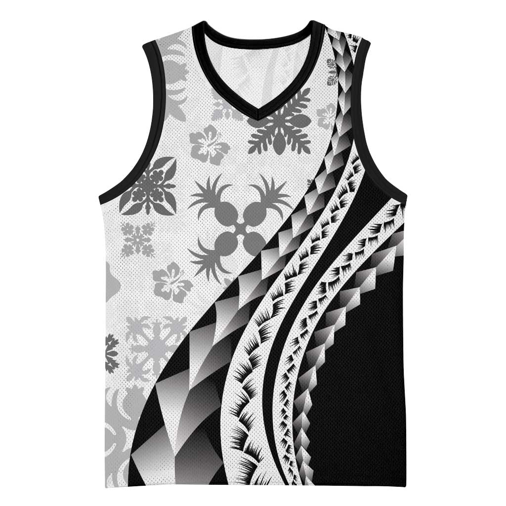 Black Hawaiian Quilt Pattern Basketball Jersey Mixed Polynesian Tribal Arty - Polynesian Pride