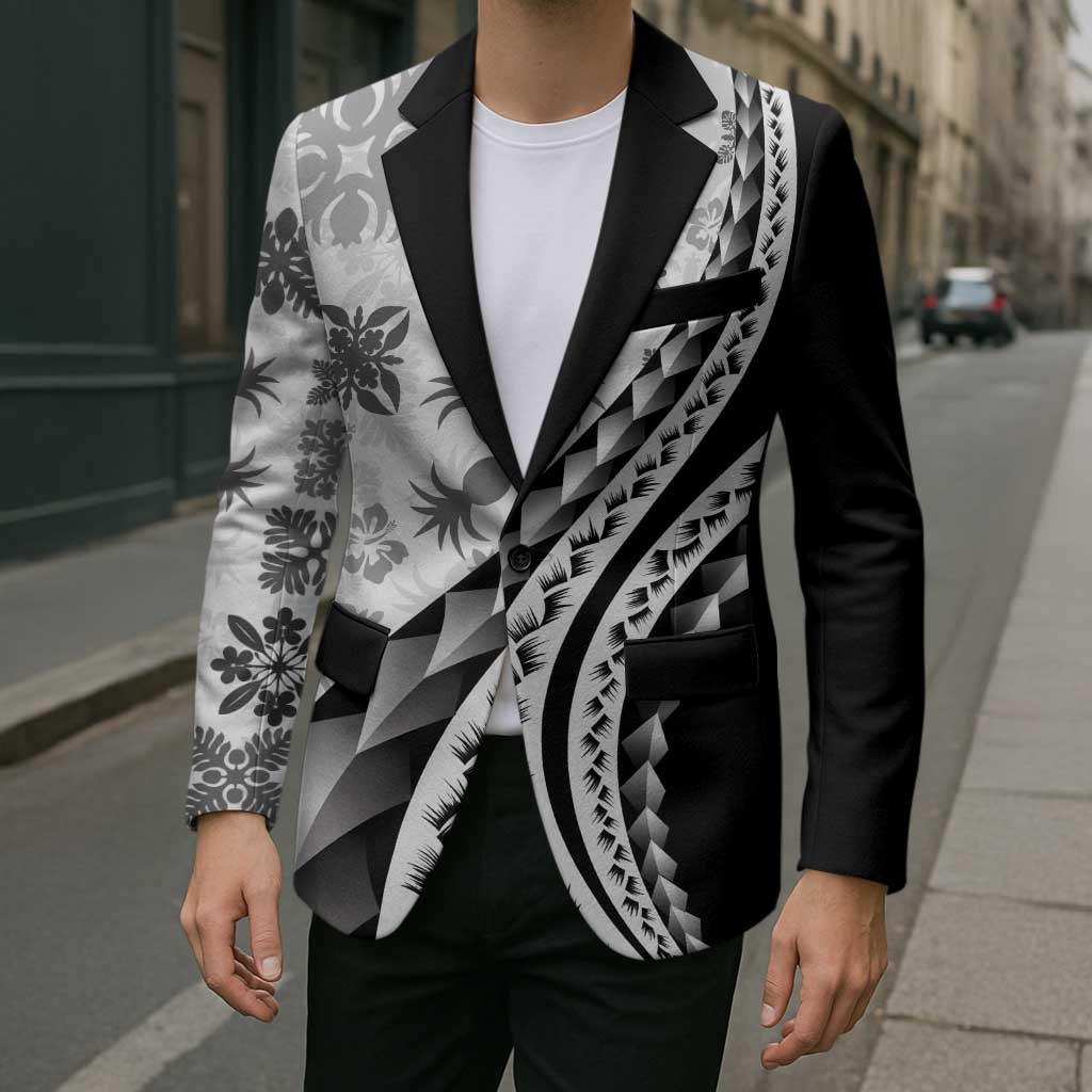 Black Hawaiian Quilt Pattern Blazer Mixed Polynesian Tribal Arty - Polynesian Pride