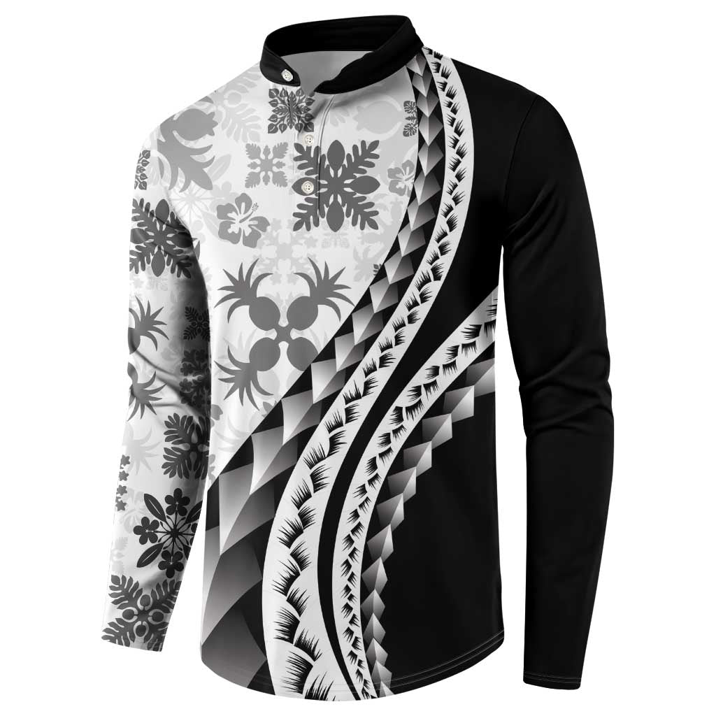 Black Hawaiian Quilt Pattern Button Sweatshirt Mixed Polynesian Tribal Arty