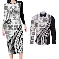 Black Hawaiian Quilt Pattern Couples Matching Long Sleeve Bodycon Dress and Long Sleeve Button Shirt Mixed Polynesian Tribal Arty