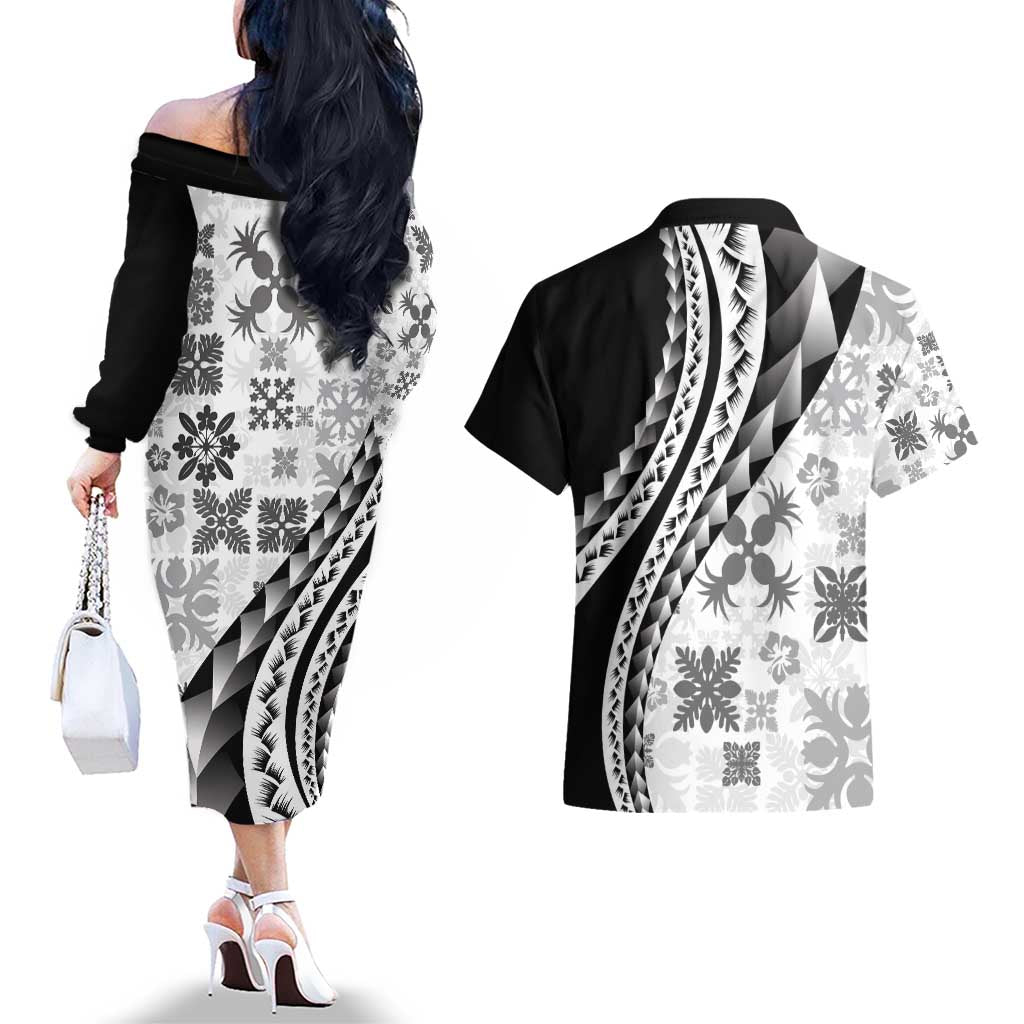 Black Hawaiian Quilt Pattern Couples Matching Off The Shoulder Long Sleeve Dress and Hawaiian Shirt Mixed Polynesian Tribal Arty