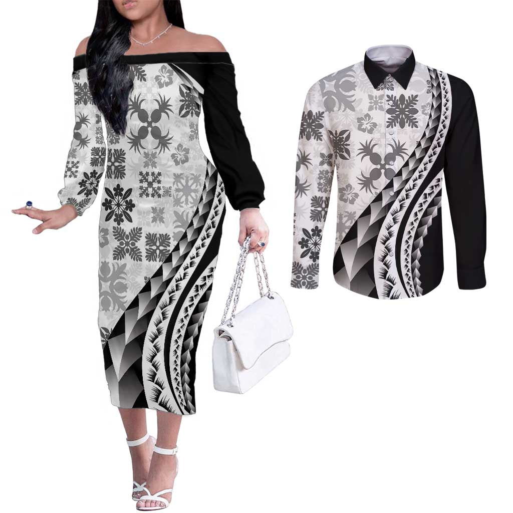 Black Hawaiian Quilt Pattern Couples Matching Off The Shoulder Long Sleeve Dress and Long Sleeve Button Shirt Mixed Polynesian Tribal Arty