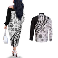 Black Hawaiian Quilt Pattern Couples Matching Off The Shoulder Long Sleeve Dress and Long Sleeve Button Shirt Mixed Polynesian Tribal Arty