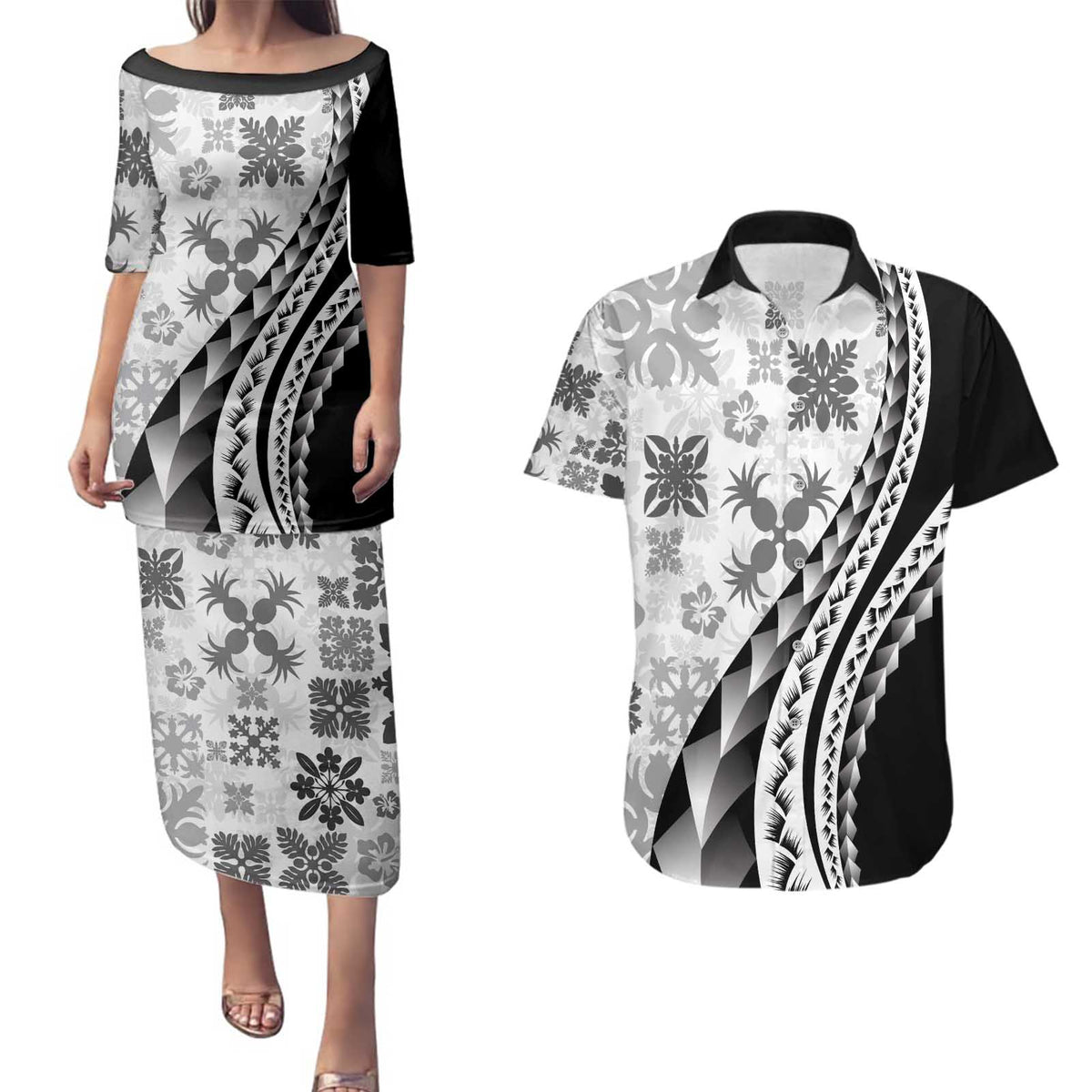 Black Hawaiian Quilt Pattern Couples Matching Puletasi and Hawaiian Shirt Mixed Polynesian Tribal Arty