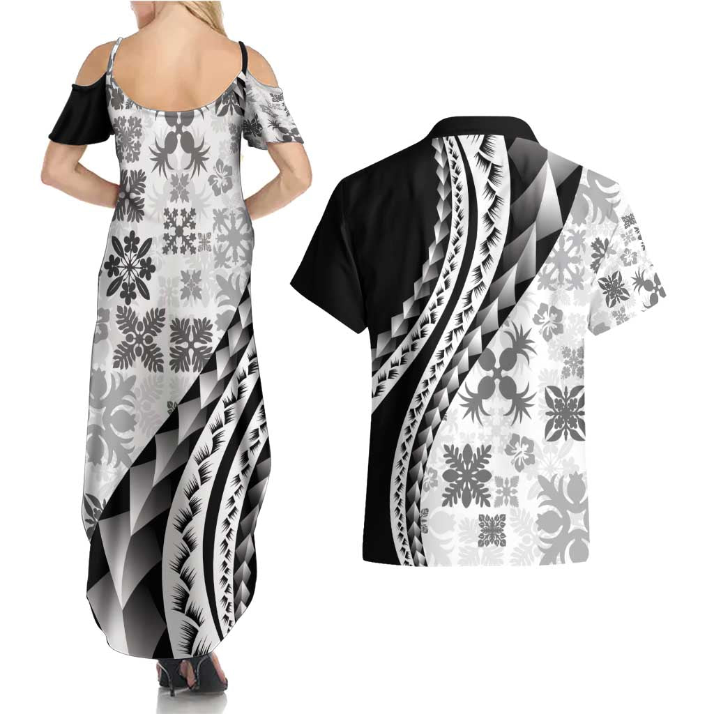 Black Hawaiian Quilt Pattern Couples Matching Summer Maxi Dress and Hawaiian Shirt Mixed Polynesian Tribal Arty