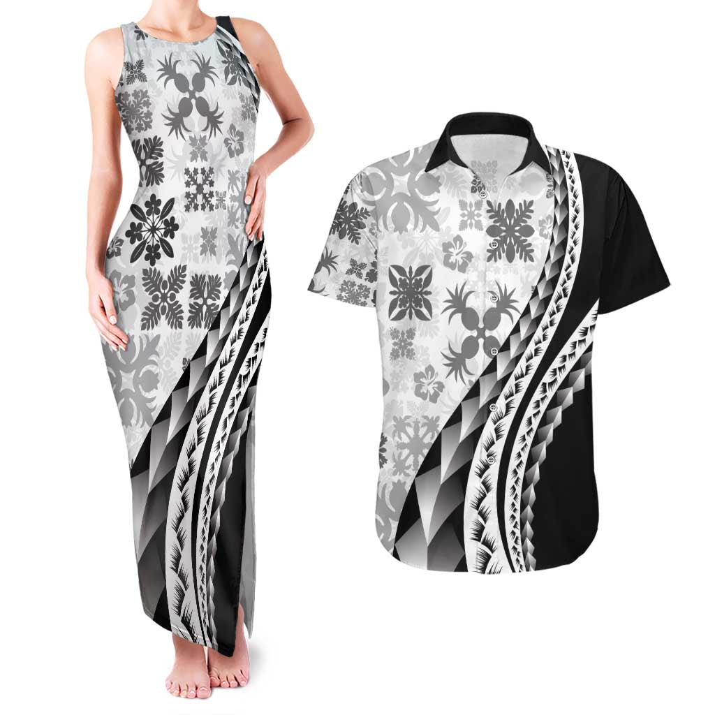 Black Hawaiian Quilt Pattern Couples Matching Tank Maxi Dress and Hawaiian Shirt Mixed Polynesian Tribal Arty