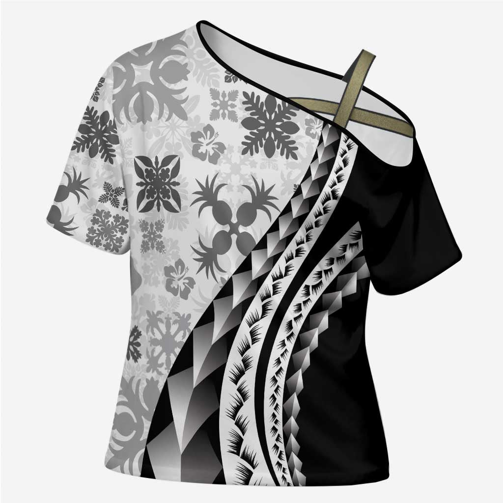 Black Hawaiian Quilt Pattern Cross Shoulder Shirt Mixed Polynesian Tribal Arty - Polynesian Pride