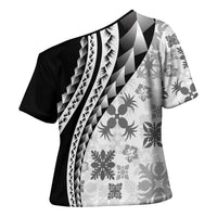 Black Hawaiian Quilt Pattern Cross Shoulder Shirt Mixed Polynesian Tribal Arty - Polynesian Pride