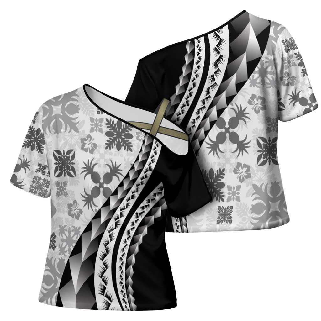 Black Hawaiian Quilt Pattern Cross Shoulder Shirt Mixed Polynesian Tribal Arty - Polynesian Pride