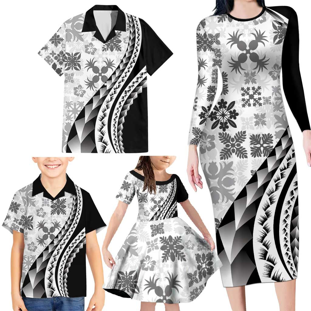 Black Hawaiian Quilt Pattern Family Matching Long Sleeve Bodycon Dress and Hawaiian Shirt Mixed Polynesian Tribal Arty