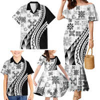 Black Hawaiian Quilt Pattern Family Matching Mermaid Dress and Hawaiian Shirt Mixed Polynesian Tribal Arty