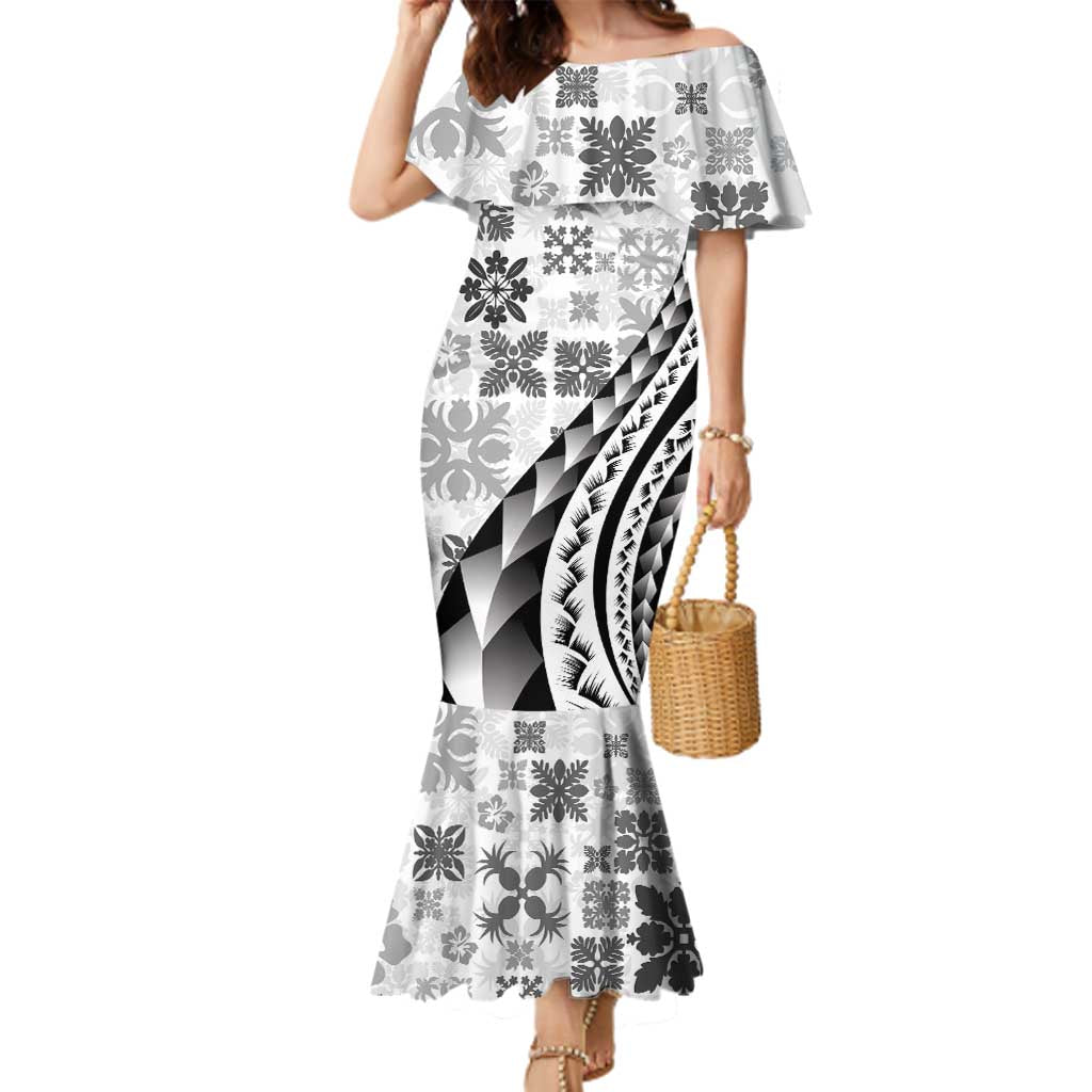 Black Hawaiian Quilt Pattern Family Matching Mermaid Dress and Hawaiian Shirt Mixed Polynesian Tribal Arty