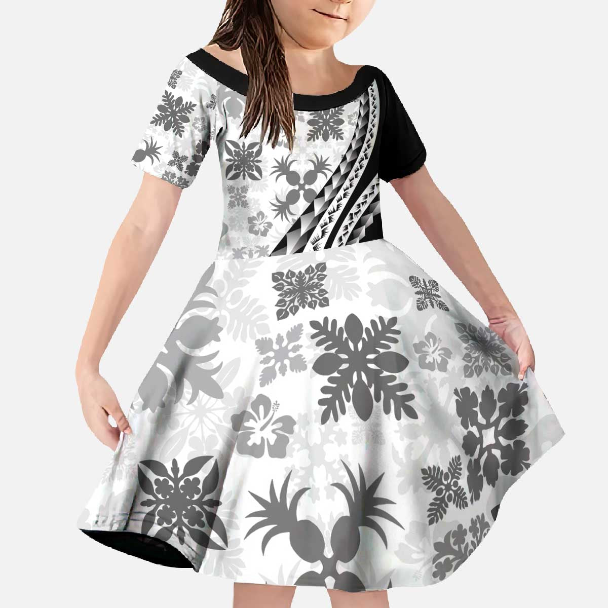 Black Hawaiian Quilt Pattern Family Matching Off The Shoulder Long Sleeve Dress and Hawaiian Shirt Mixed Polynesian Tribal Arty