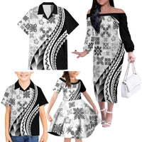 Black Hawaiian Quilt Pattern Family Matching Off The Shoulder Long Sleeve Dress and Hawaiian Shirt Mixed Polynesian Tribal Arty