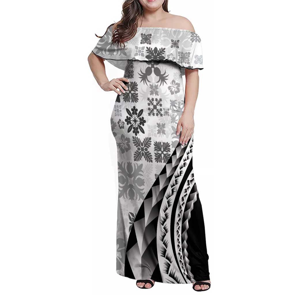 Black Hawaiian Quilt Pattern Family Matching Off Shoulder Maxi Dress and Hawaiian Shirt Mixed Polynesian Tribal Arty