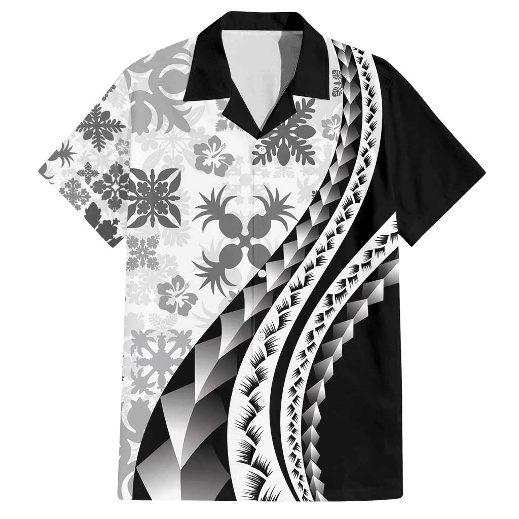 Black Hawaiian Quilt Pattern Family Matching Off Shoulder Short Dress and Hawaiian Shirt Mixed Polynesian Tribal Arty