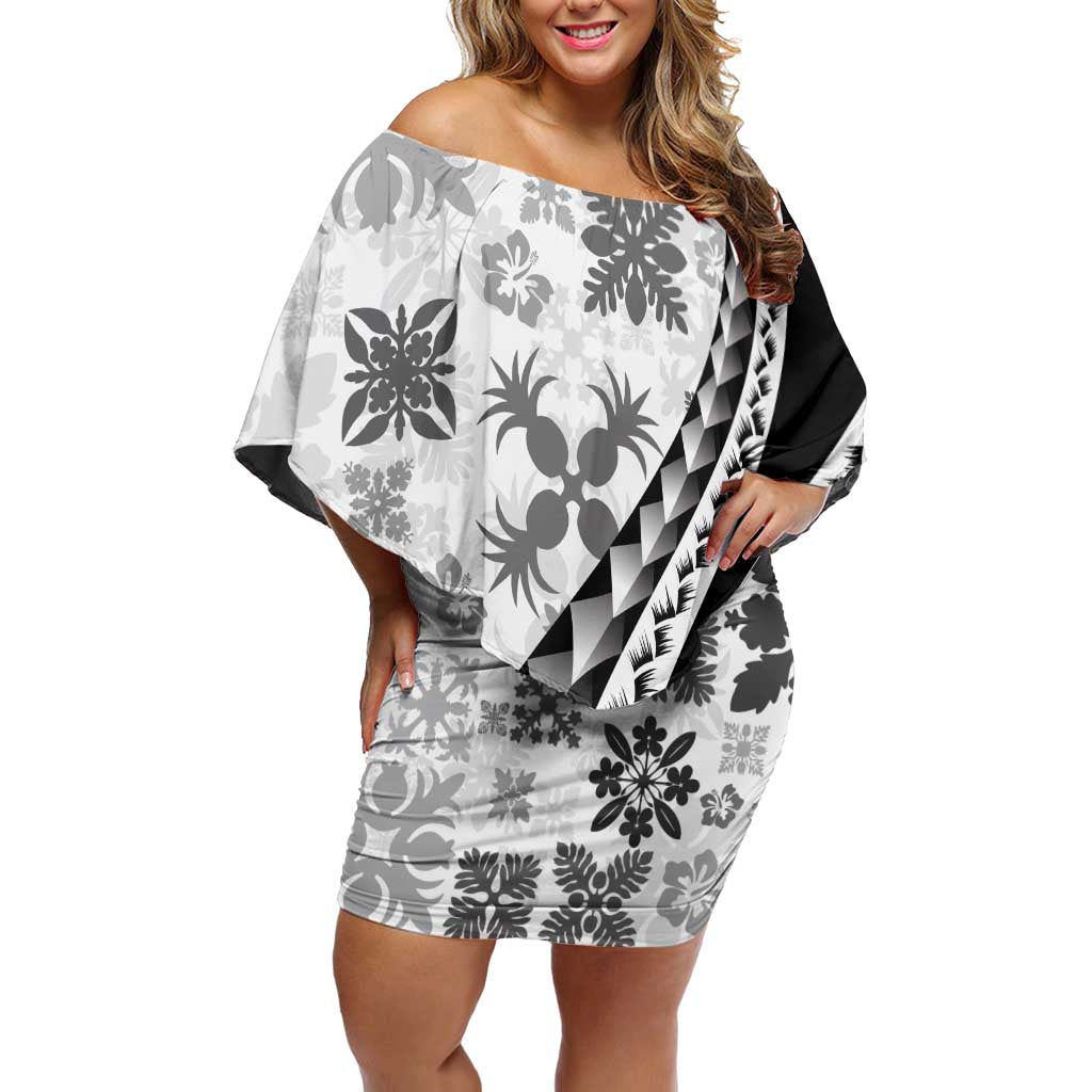 Black Hawaiian Quilt Pattern Family Matching Off Shoulder Short Dress and Hawaiian Shirt Mixed Polynesian Tribal Arty