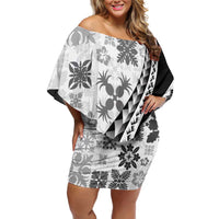Black Hawaiian Quilt Pattern Family Matching Off Shoulder Short Dress and Hawaiian Shirt Mixed Polynesian Tribal Arty