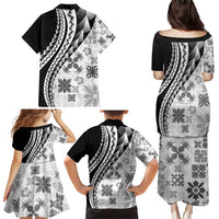 Black Hawaiian Quilt Pattern Family Matching Puletasi and Hawaiian Shirt Mixed Polynesian Tribal Arty