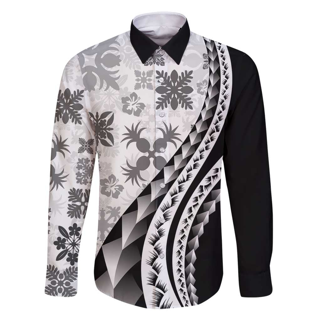 Black Hawaiian Quilt Pattern Family Matching Puletasi and Hawaiian Shirt Mixed Polynesian Tribal Arty