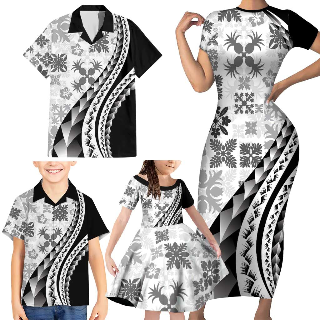 Black Hawaiian Quilt Pattern Family Matching Short Sleeve Bodycon Dress and Hawaiian Shirt Mixed Polynesian Tribal Arty