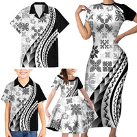 Black Hawaiian Quilt Pattern Family Matching Short Sleeve Bodycon Dress and Hawaiian Shirt Mixed Polynesian Tribal Arty