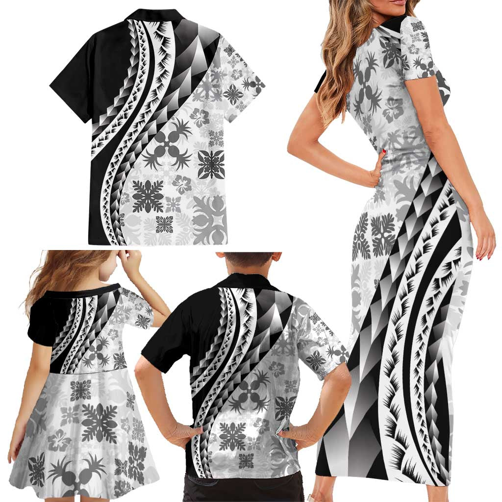 Black Hawaiian Quilt Pattern Family Matching Short Sleeve Bodycon Dress and Hawaiian Shirt Mixed Polynesian Tribal Arty