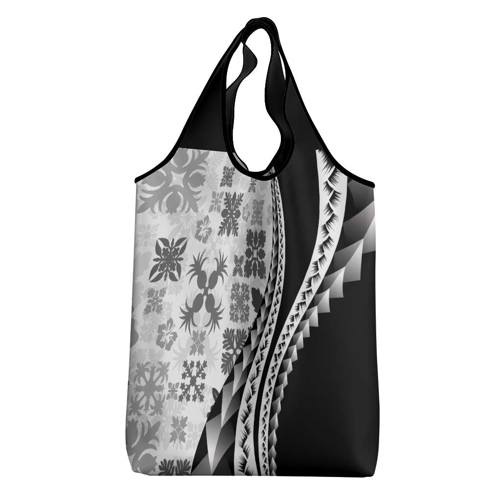 Black Hawaiian Quilt Pattern Grocery Bag Mixed Polynesian Tribal Arty