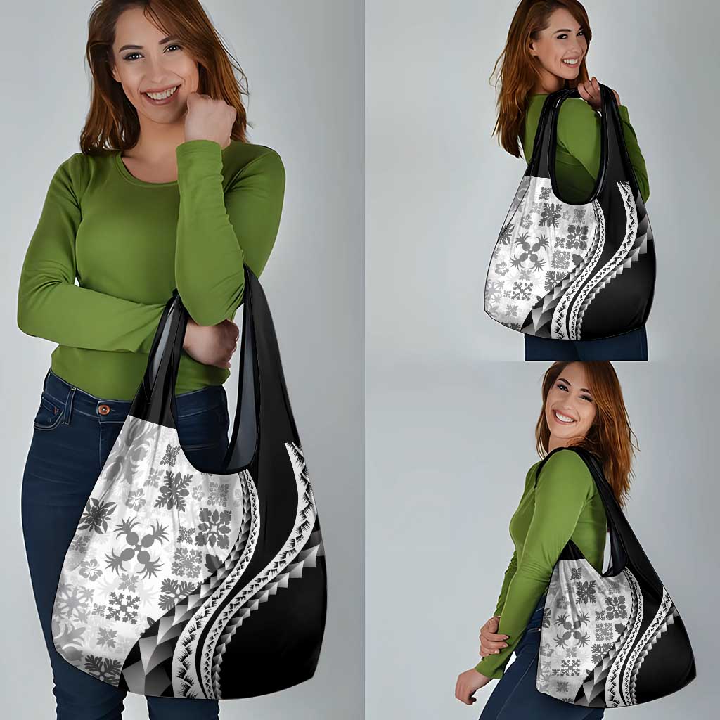 Black Hawaiian Quilt Pattern Grocery Bag Mixed Polynesian Tribal Arty