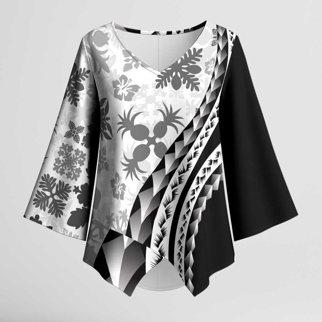 Black Hawaiian Quilt Pattern Kimono Sleeve Blouse Mixed Polynesian Tribal Arty - Polynesian Pride
